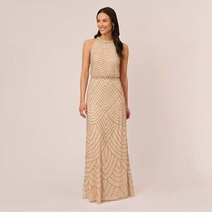 NWT Adrianna Papell Art Deco Beaded Blouson Dress with Halter Neckline